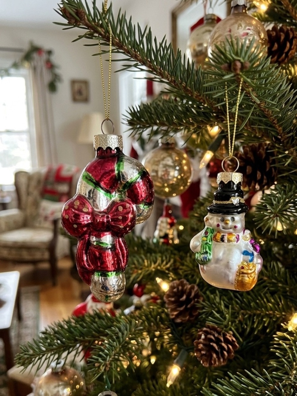 Vintage Blown Glass Christmas Ornaments Lot - Puffy Candy Cane & Top Hat Snowman